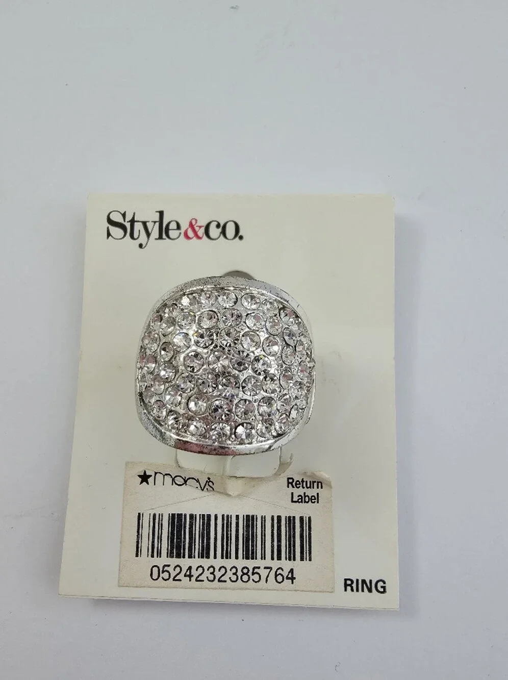 NWT Style & Co Silver Tone Domed Pavé Crystal Stretch Cocktail Ring